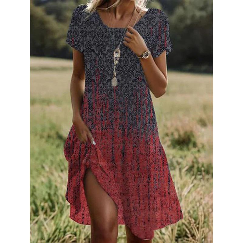 Women's Fashion Summer Spring Polka Dot Print Short Sleeve O-Neck Loose Waistline Casual Dresses
