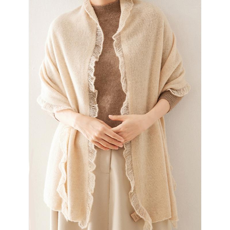 100% Wool Rectangular Shawl Tassel Ruffle Solid Color Enlarged Knitted Scarf Women'S Outdoor Cold Proof Straight Coat Cardigan
