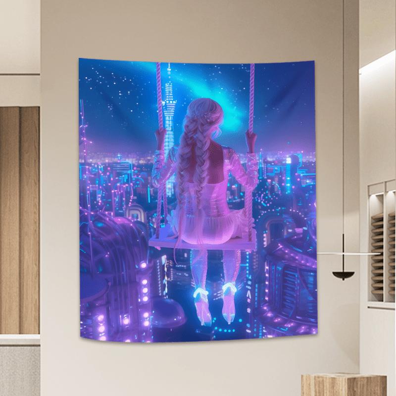 

City Lights Fairy Tapestry Vibrant Wall Hanging with Girl on Swing for Bedroom and Living Room Decor Perfect Gift 74x94cm(29x37in)