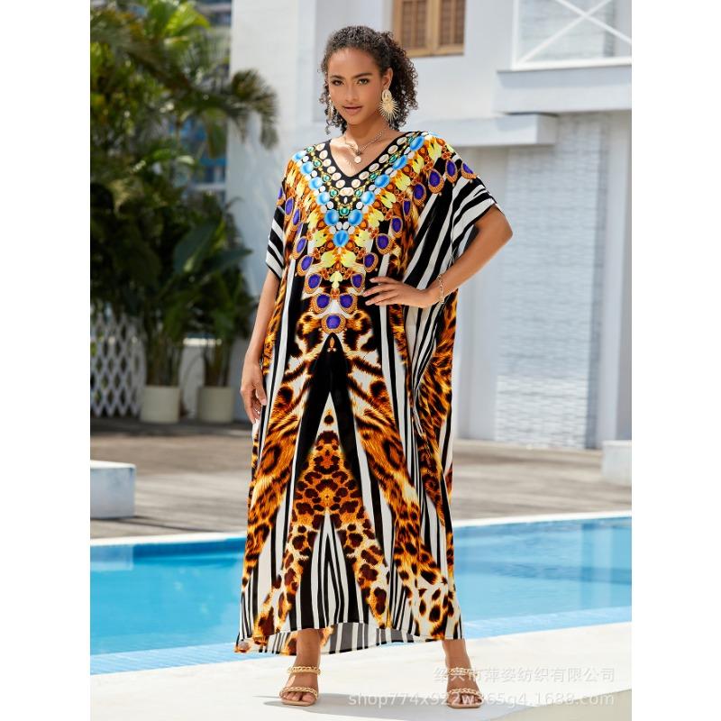 Plus Size Beach Print Dress for Women Bat Sleeve Bikini Suntan Cover Up