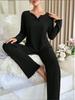2025 European & American Autumn/Winter Ladies' Black Twisted Edge Two-Piece Casual Home Set
