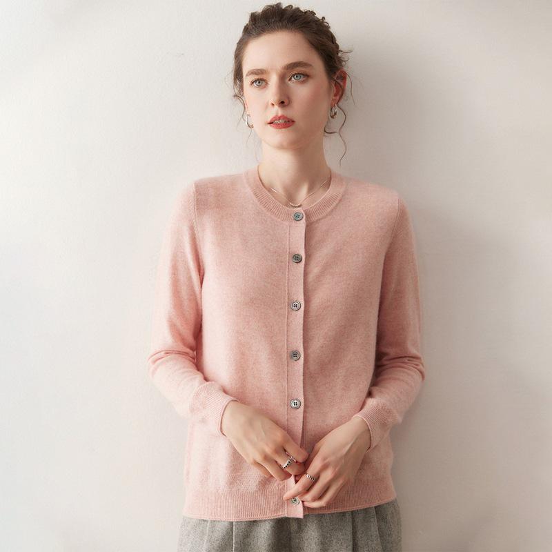 Women's 100% Pure Cashmere Round Neck Cardigan - Single-Breasted, Short Loose Knit Sweater