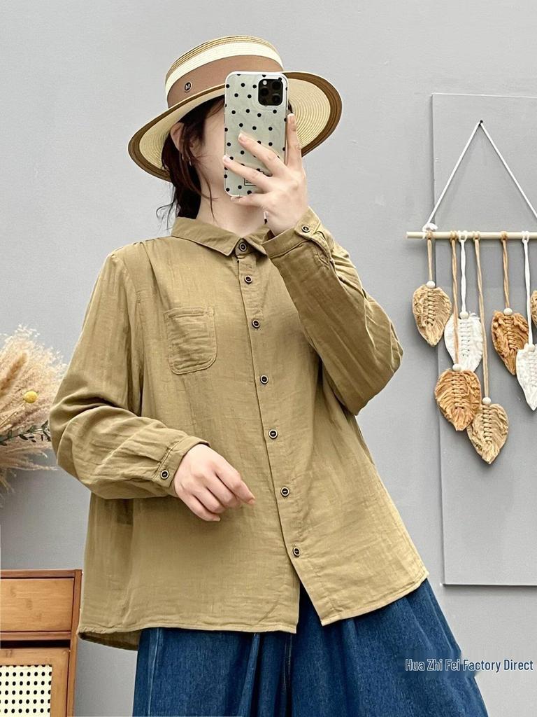 Mori-kei Double Layer Cotton Gauze Long Sleeve Shirt - Women's Loose Versatile Casual Top