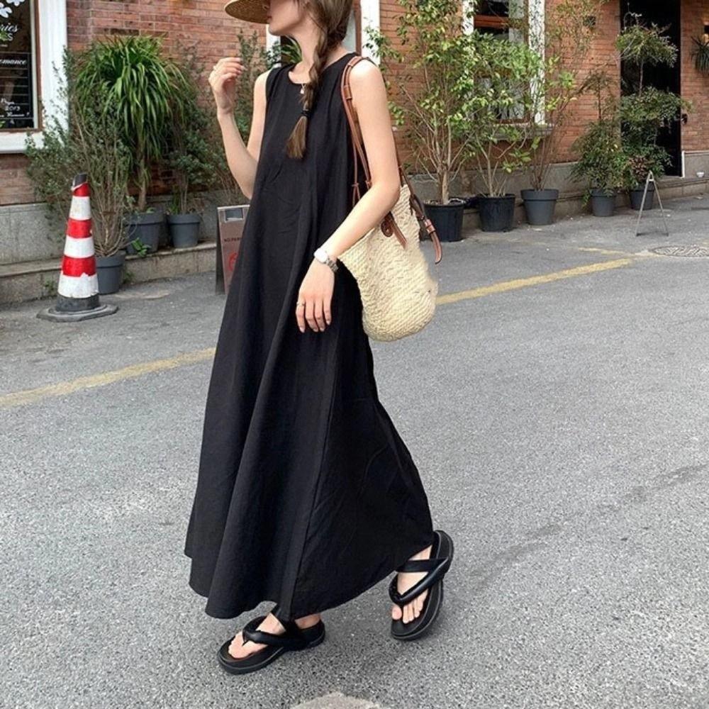 Round Neck Vocation Vest Dresses Hollowed Out Open Back Long Dress Summer Sleeveless Dress  Teens