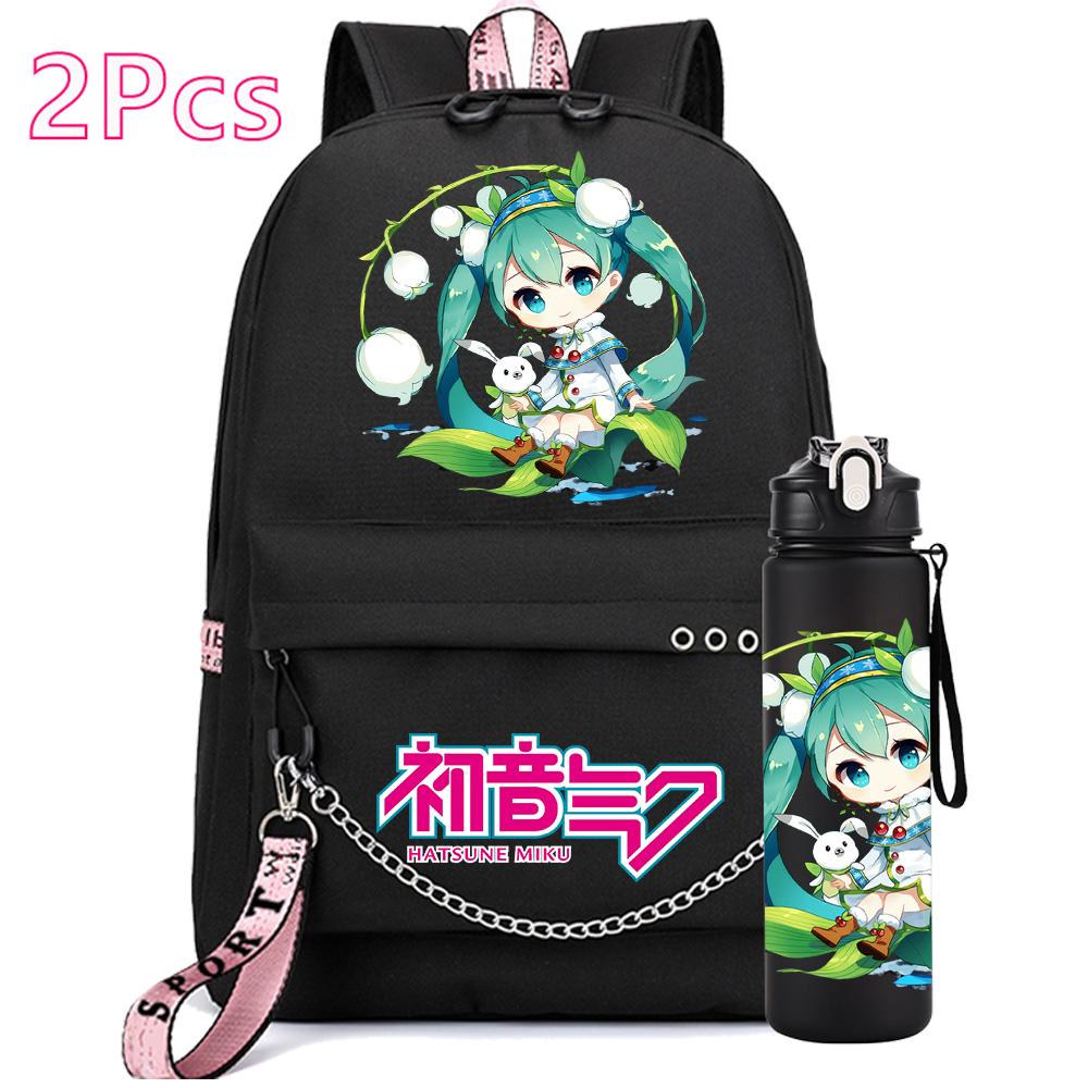 2 Pezzi/set Zaino Stampato Anime Hatsune Miku con Borraccia da 750Ml per Ragazza Ragazzo Adolescente Grande Capacità Impermeabile Borsa per Libri Regalo