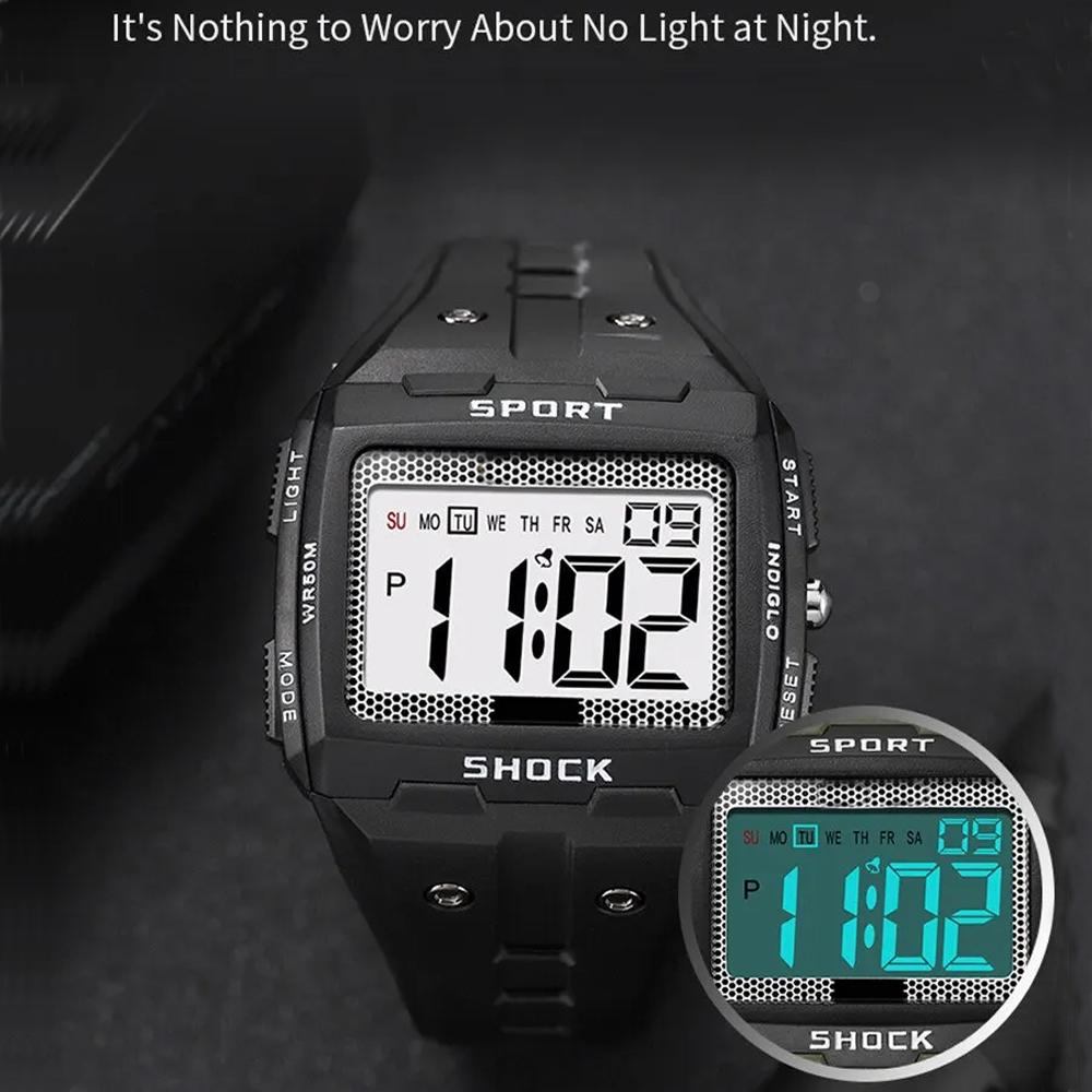 Ceas Electronic Sport pentru Bărbați Rezistent la Apă Lumină de Noapte Ecran Mare Pătrat Exterior Alergare Camping Ceas Studențesc