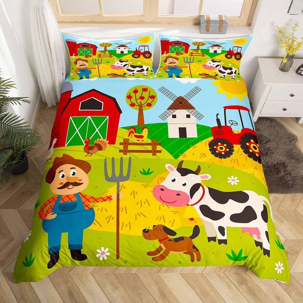 Comforter Cute Cartoon Farm Animal Truck Tractor Bedding Set Farmhouse Country Cozy Comforter For Boys Teen Room Decor