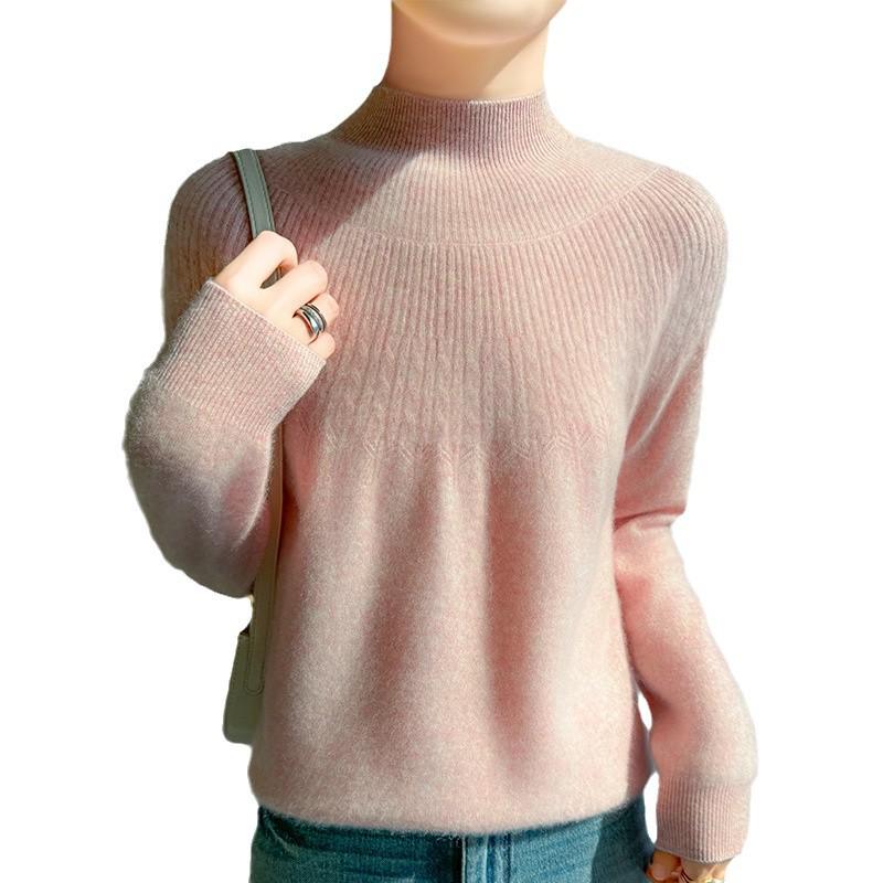 2024 Autumn/Winter Women's Thick Wool Knitwear: Solid Color Jacquard Half-Turtleneck Loose Base Layer Sweater