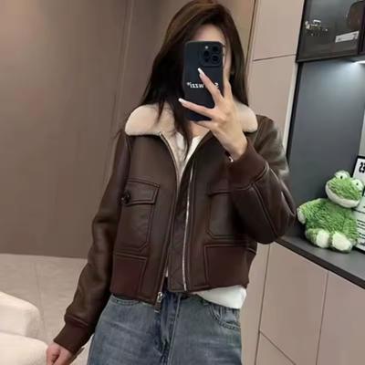 Chaqueta Corta de Cuero para Mujer Otoño/Invierno para Mujeres Menudas con Forro de Polar Engrosado Estilo Motero, Chaqueta de Corte Holgado
