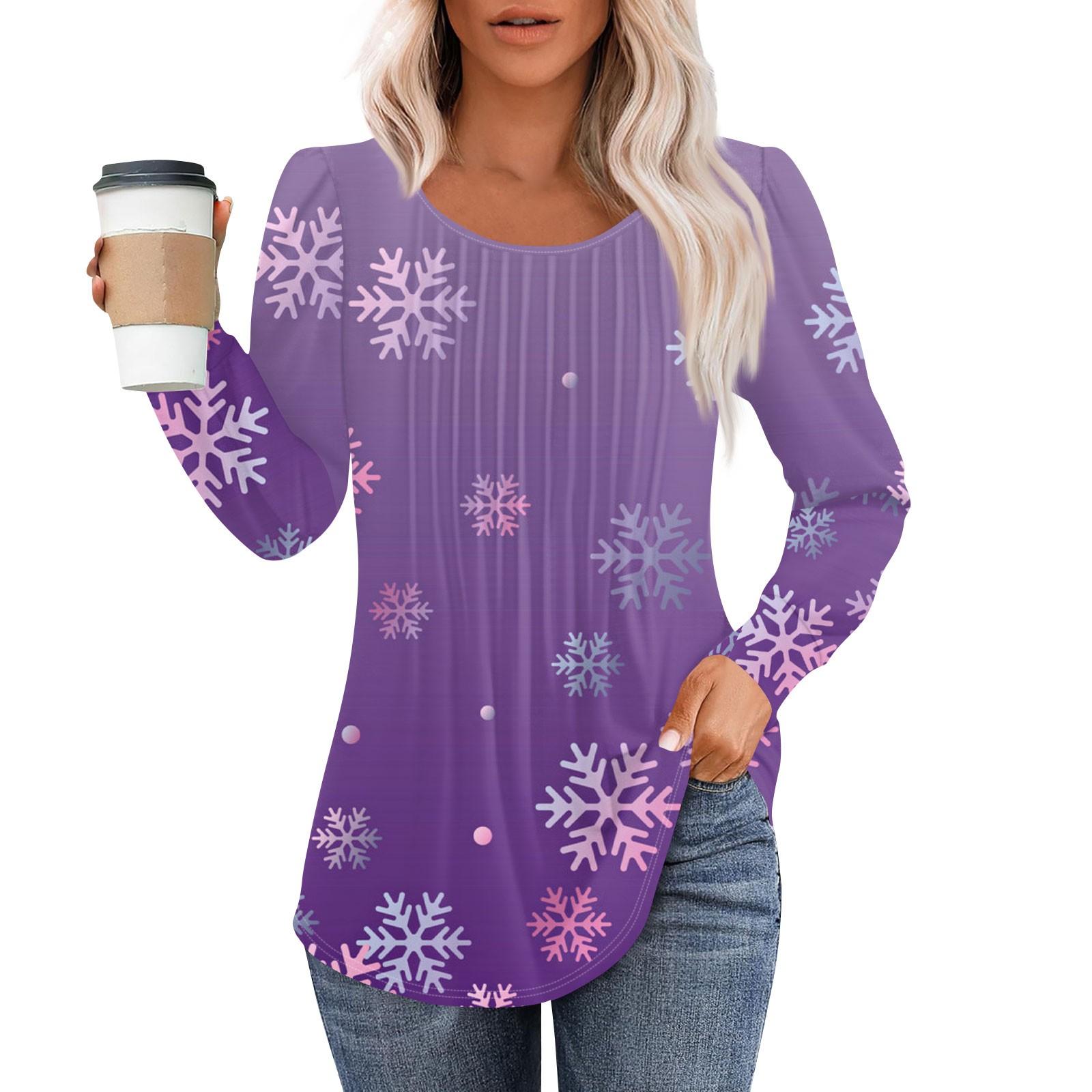 

Женская модная повседневная плиссированная футболка с круглым вырезом и рождественским принтом с длинными рукавами S