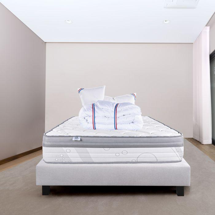 Ensemble Matelas 160x200 cm, ViscoPlus, 26 cm, mémoire de forme, ferme, face été/hiver + sommier gris ep20cm + 2 oreillers + couette