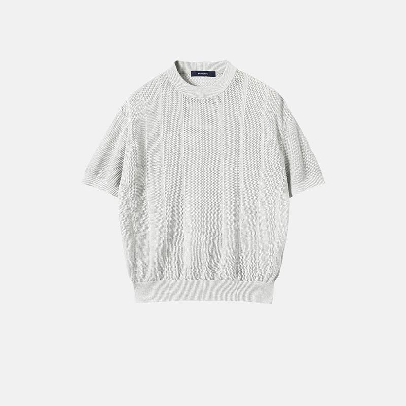 Men s Trendy Hollow Knit Loose Half Sleeve Breathable T-shirt L бежевый