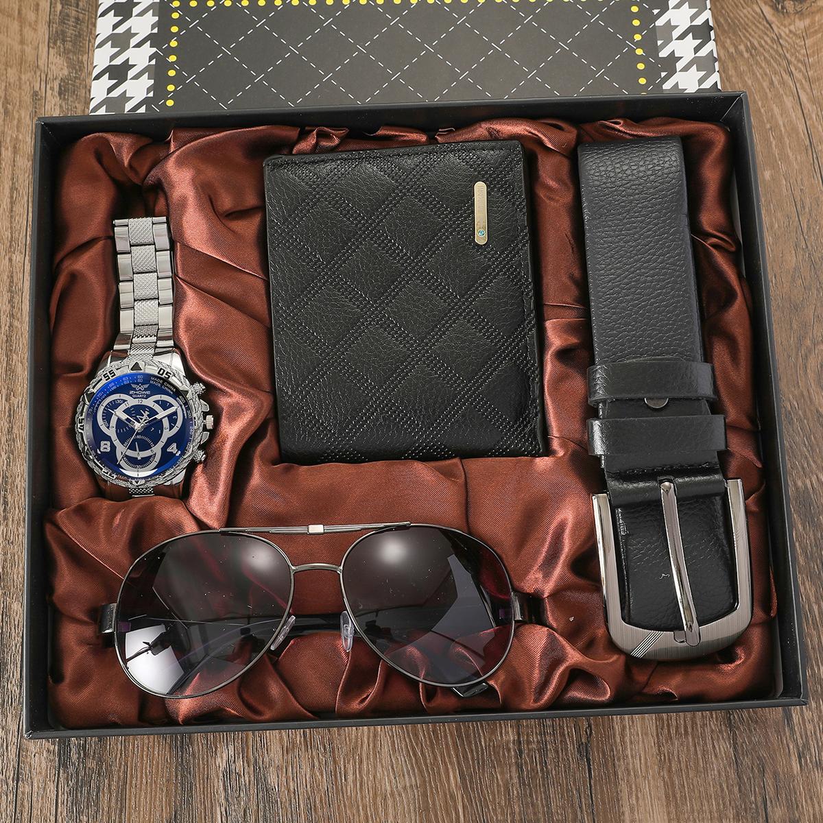 

Men s Fashion Blue Light Big Dial Quartz Watch Steel Band Sunglasses Belt Wallet 4-piece Gift Box серебряный