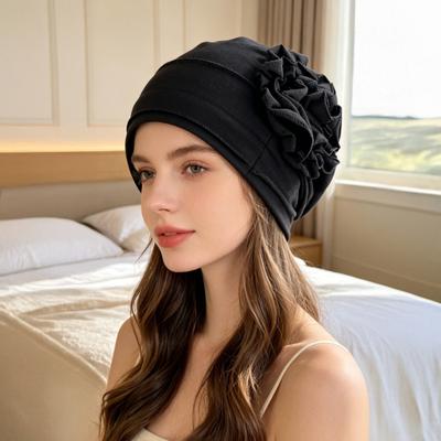 Turban Hat for Women, Side Flower Decor Head Wrap, Pure Color High Elasticity Turban Cap for Sensitive Scalp Postpartum Care Sleep