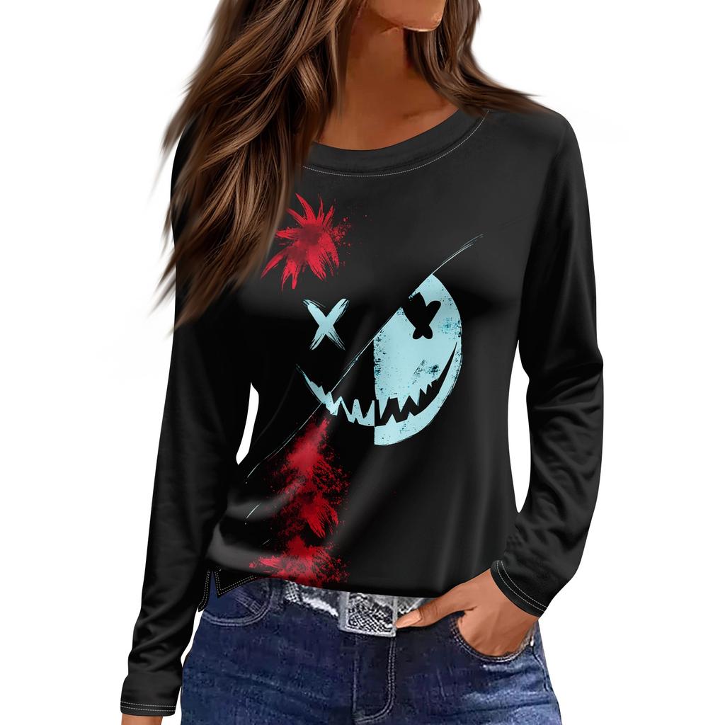 Women's Halloween Print Long Sleeve Round Neck Casual Top with Side Slit