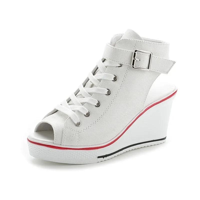 Fashion New Spring Summer Women's High Wedge Canvas Fish Mouth Shoes Korean Version of The Slope Open Toe Hollow Lace Up Canvas Shoes