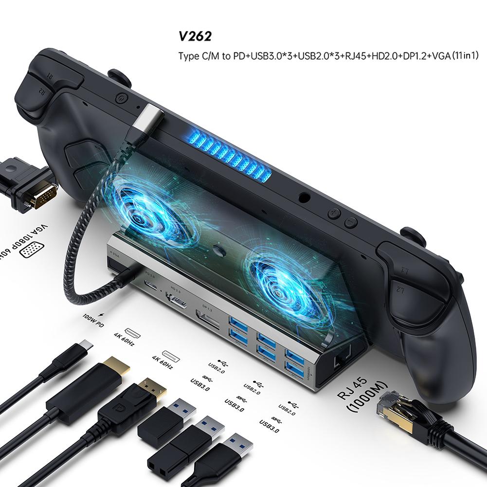 Steam Deck Dock Docking Station with Fan 11-in-1 HDMI-Compatible 4k@60hz Gigabit Ethernet USB-C PD Charging for ROG Ally Console