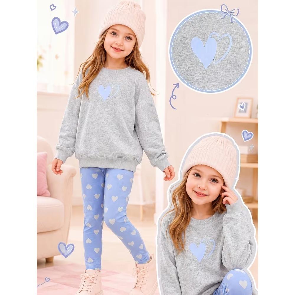 Girls' Heart Print Casual Comfortable Soft Loose Pullover Sweatshirt and Leggings 2-Piece Set, New Autumn/Winter, Playful, Sweet and Cool Style