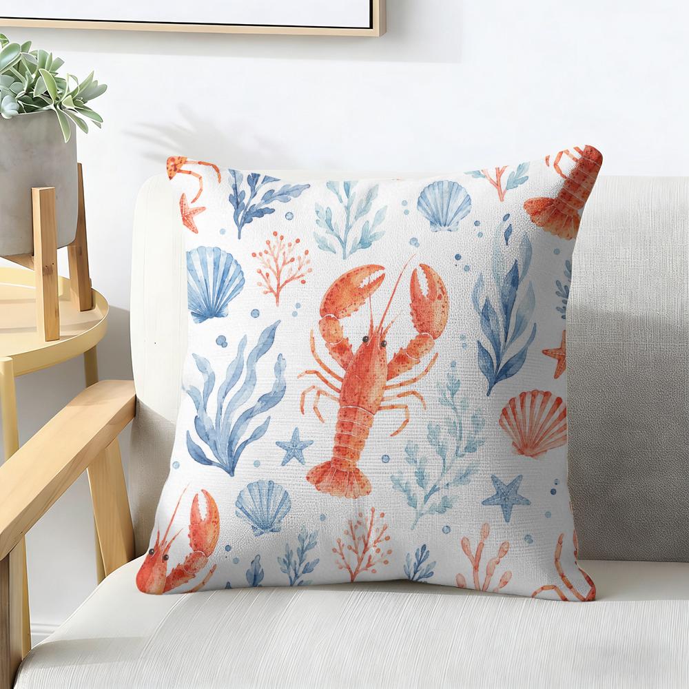 Blue White Red Ocean Animals Cushion Cover Natural Linen Organic Fabric Double-Sided Printing Breathable Perfect For Home Decor