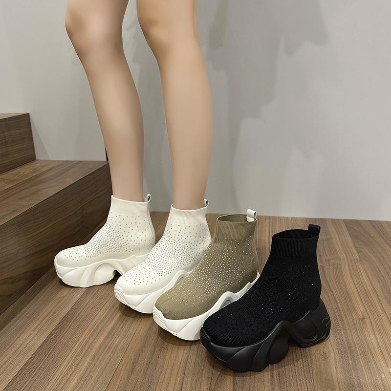 European Medium Tube Socks Women's 2025 Spring and Autumn New Trendy Flying Woven Shoes Versatile Thick-soled Casual High-top Shoes Inner Height-in