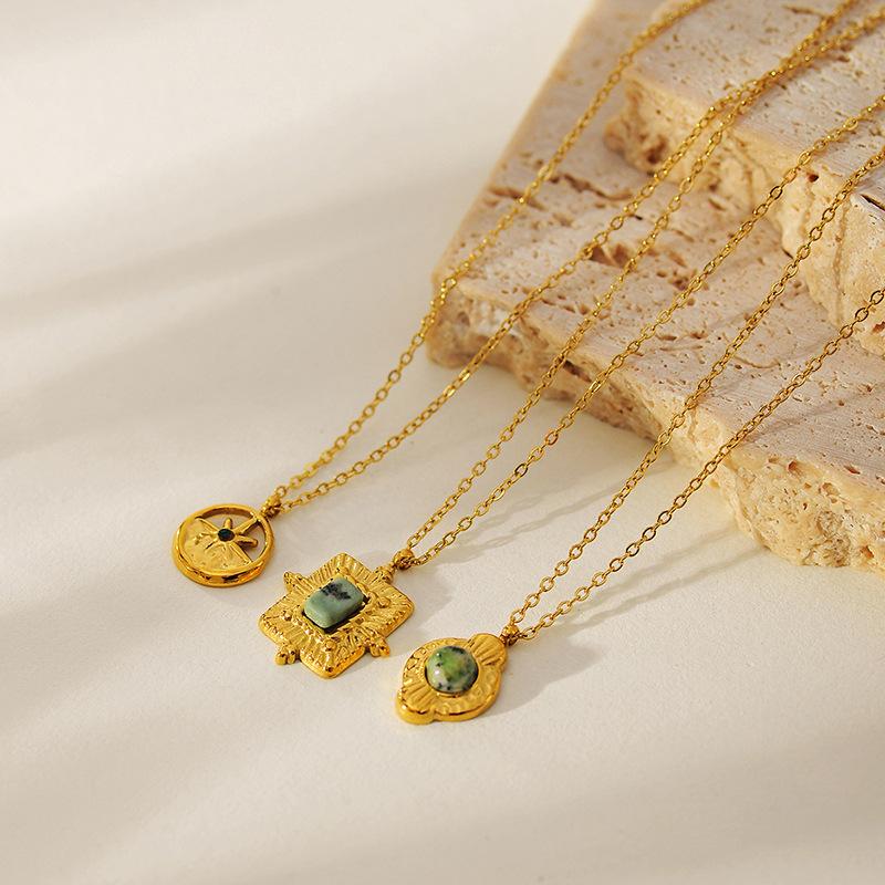 Titanium Steel African Turquoise Natural Stone Pendant Necklace Women's Retro French Simple Collarbone Chain Stainless Steel Gold-plated Necklace