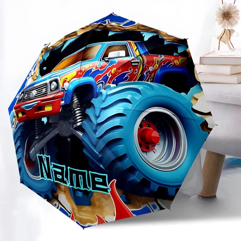 1pz Camioncino Mostro Avventura Nome Personalizzato Ombrello Pieghevole Automatico, Plastica e Ferro Resistenti, Leggero per Uso Esterno Quotidiano S1230067