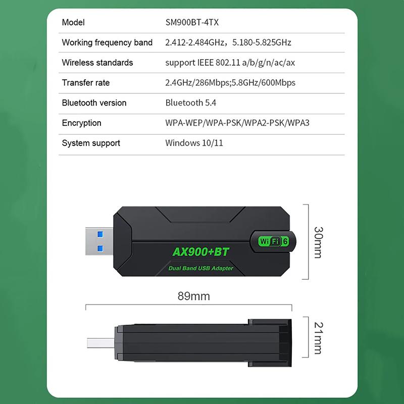 2 In 1 WiFi 6 Bluetooth 5.4 Adapter Dual Band 2.4G/5G USB WiFi Network Card 900Mbps Wireless Wlan Receiver for PC Laptop Driver Free