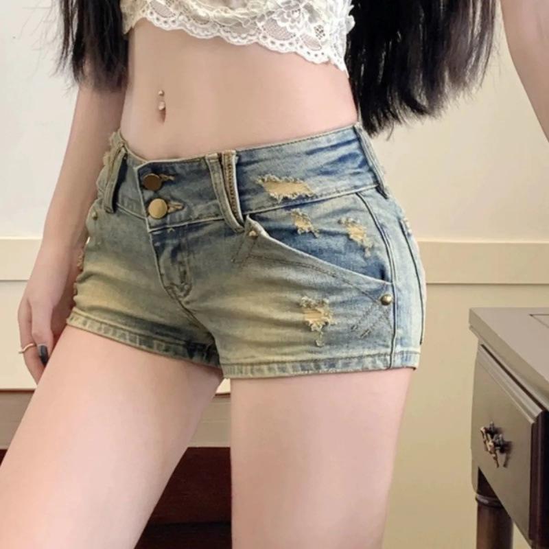 2025 Summer Women's Spicy Girl Embroidered Ripped Denim Shorts: Low-Waist, Slimming, Hip-Hugging