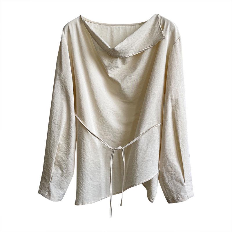 Orange Zhi Spring Women's Tie-Up Loose Fit Shirt with Stacked Collar - Versatile, Simple, and Stylish