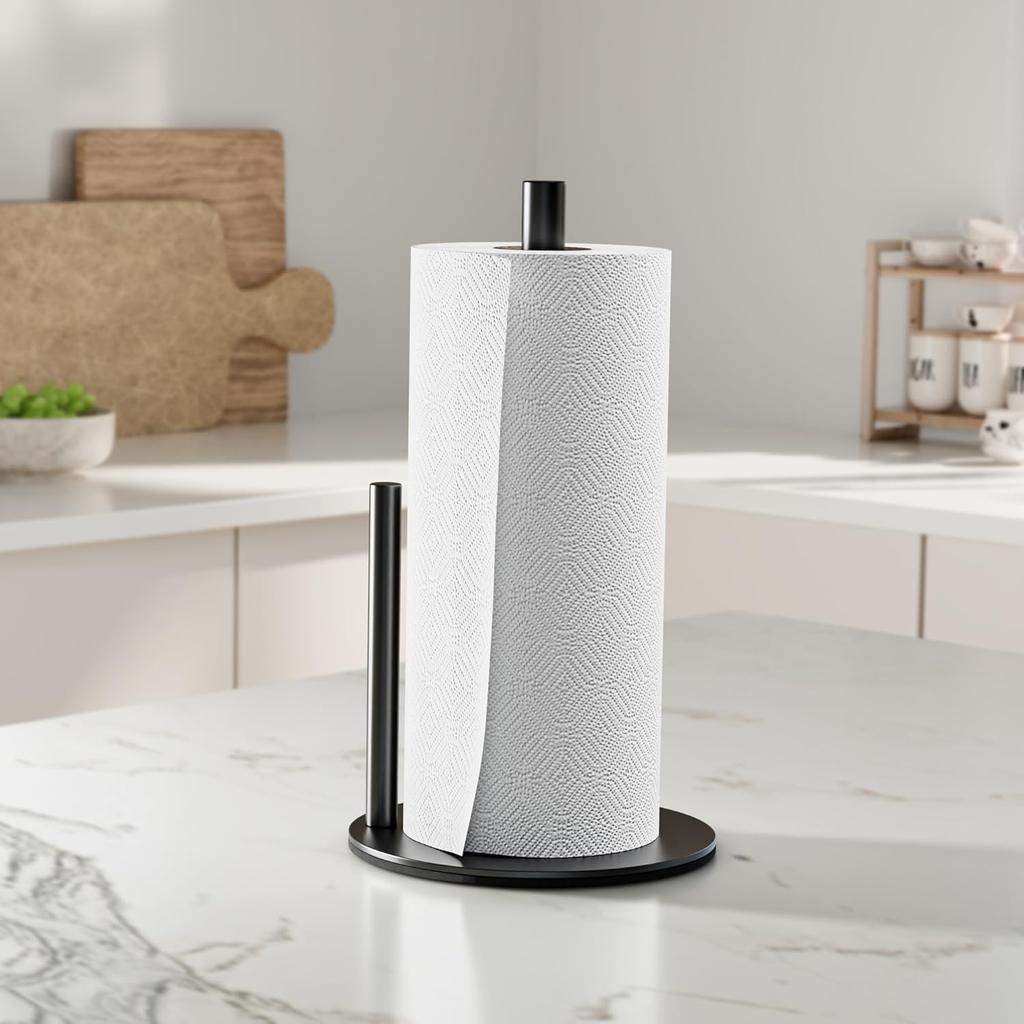 Black Paper Towel Holder Stand for Kitchen Countertop and Bathroom, Stainless Steel Kitchen Upright Paper Towel Holder for Large and Standard