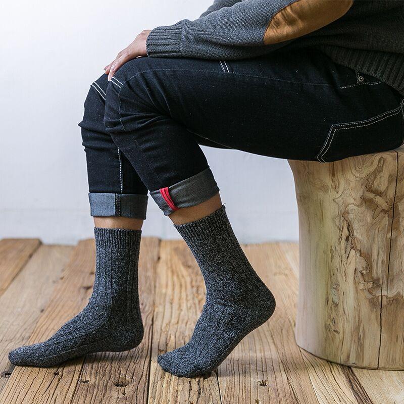 5 Pairs of Men's Solid Color Double-needle Rabbit Wool Socks for Autumn and Winter, Thick Needle Mid-calf Socks