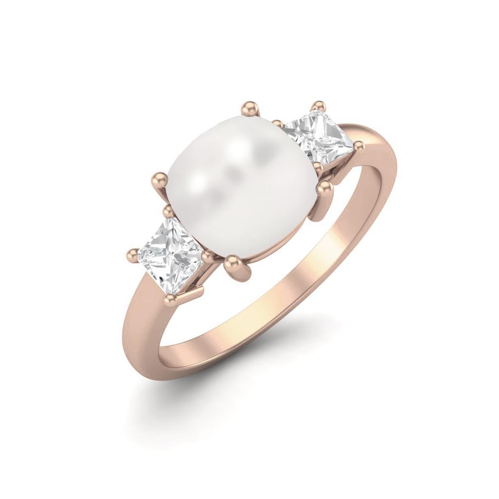 925 Sterling Silver Rose Vermeil 7 MM Cushion Shape Pearl Three Stone Engagement Women Ring