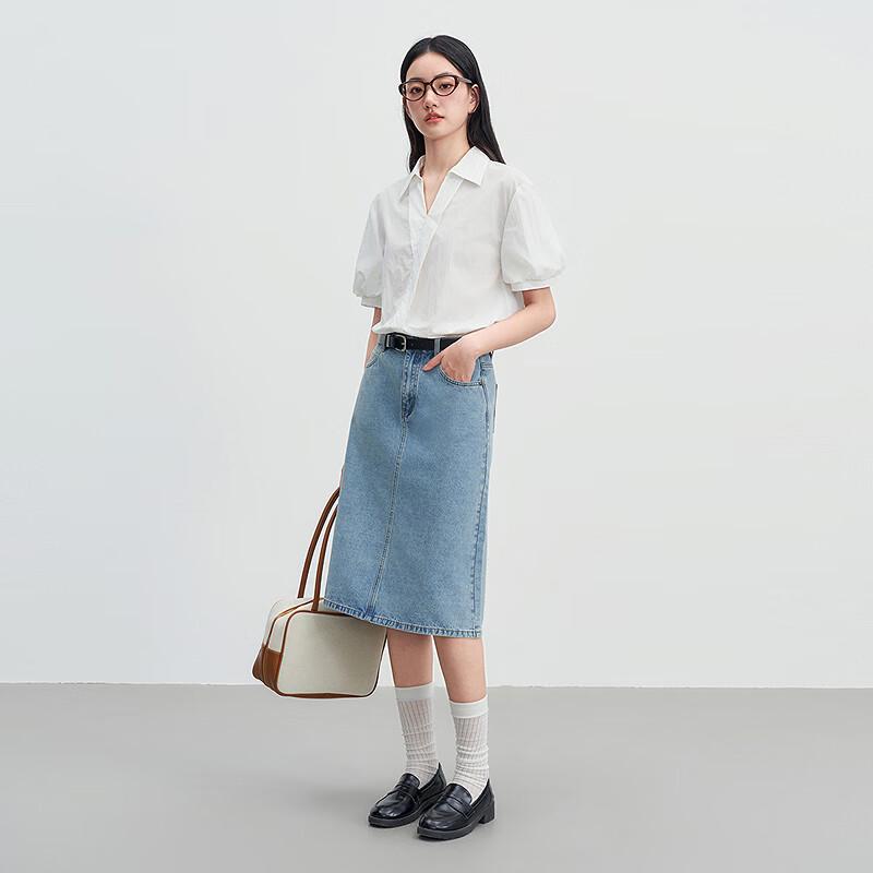 Damen Midi-Rock aus gewaschenem Denim mit hoher Taille