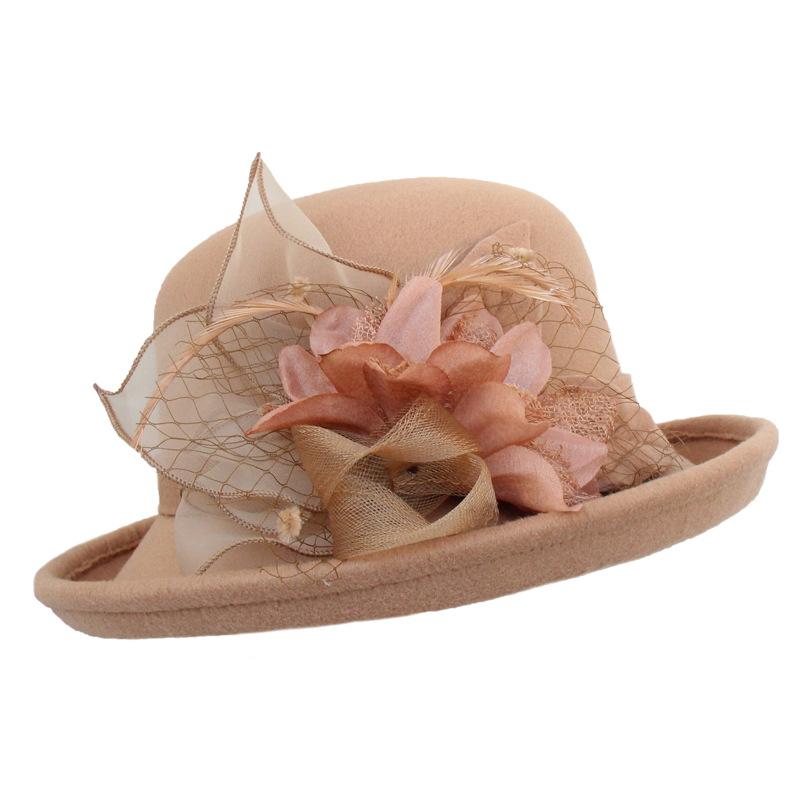 Autumn And Winter Curled Feather Flower Woolen Top Hat Women'S British Retro Casual Bucket Hat Mesh Basin Hat Tide