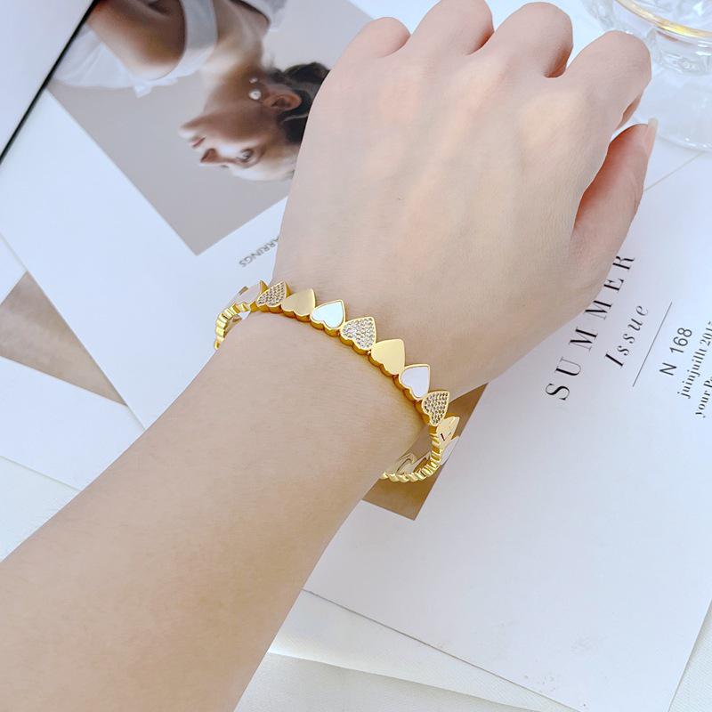 Exquisite Heart-Shaped Metal Bangle with Natural Shell & Zircon Inlay