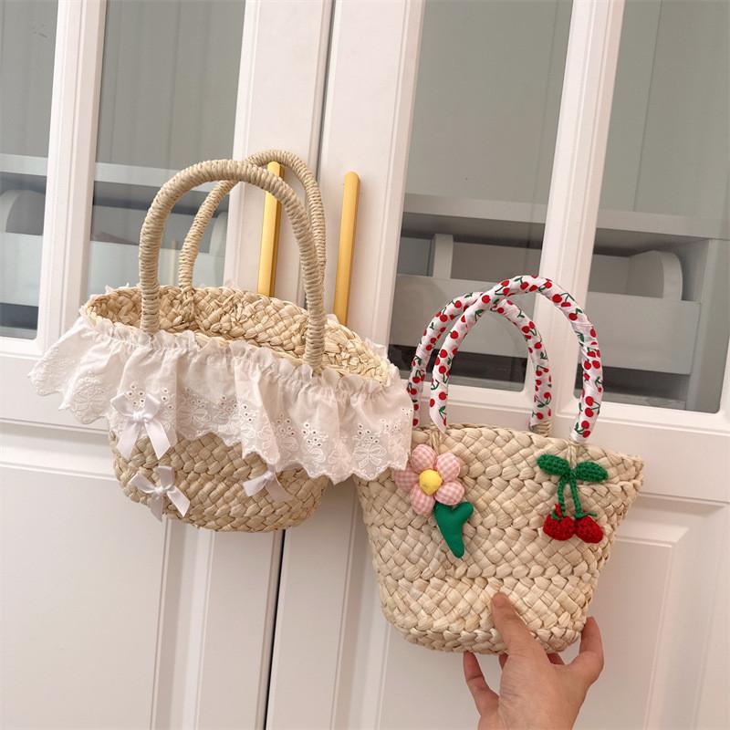 Hand Lace Held Straw Woven Bag With Silk Scarf Handbag For Girl Daily Use