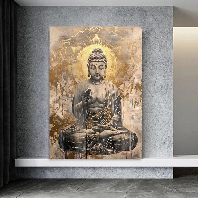 Abstract Meditating Buddha Statue Sitting Lotus Religious Poster Canvas Painting Wall Art Picture Modern Room Home Decor Cuadros