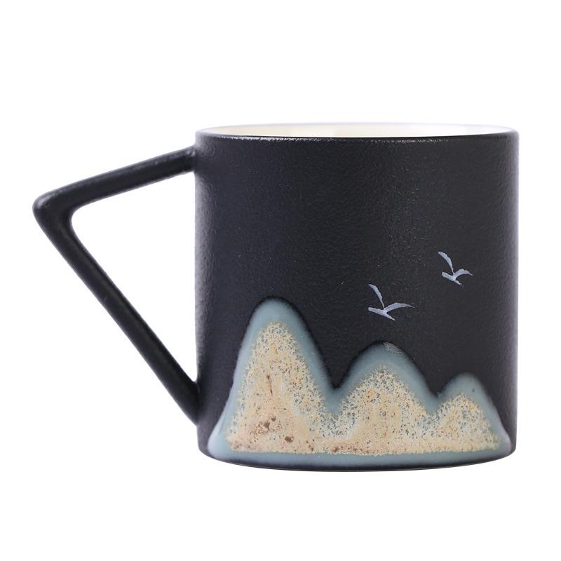 Hand-Painted Distant Mountains Ceramic Tea Tasting Cup Set - Large, Medium, Small with Handle and Gift Box