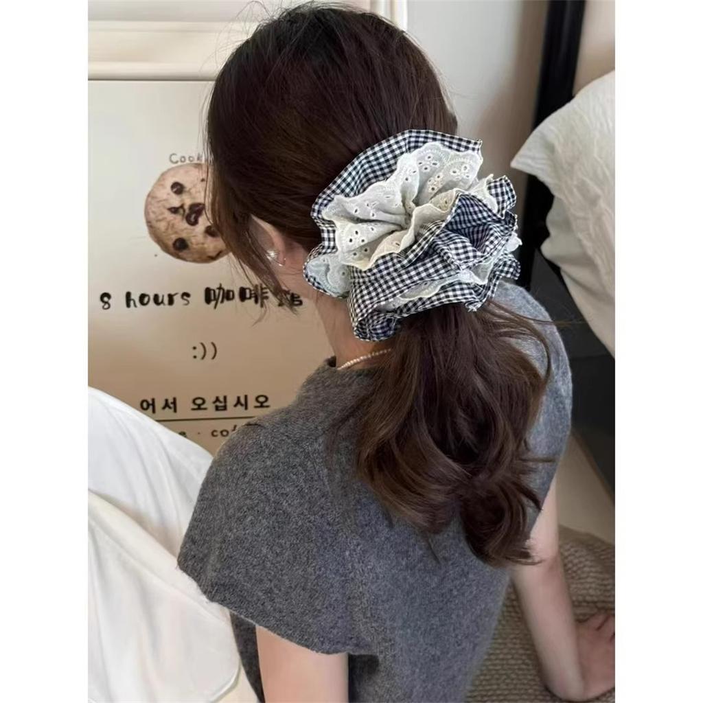 Damen Französischer Retro Doppellagiger Karomuster Spitze Großer Scrunchie Haargummi Pferdeschwanz Haargummi