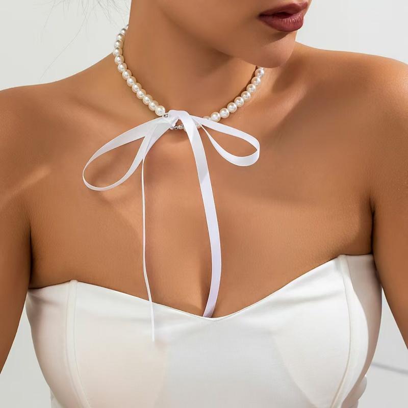 1PC Wedding Party White Imitation Pearl Choker Necklace Fashion Bow Tie Long Ribbon Necklace Personality Simple Jewelry