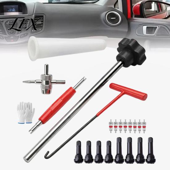 Kit di attrezzi per valvole pneumatici 23 pezzi Set di steli, Installatore a cambio rapido con steli a 4 vie TR413/TR414, Rimozione del nucleo a 4 vie per auto, motociclette, Testa doppia