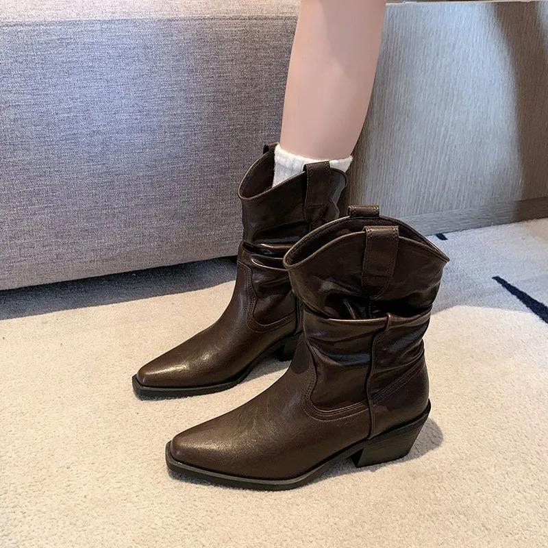 Womens Mid Calf Boots Designer Pleated Leather Boots Chunky Heel Western Cowboy Boot Pointed Chelsea Boots for Women Knight Boot