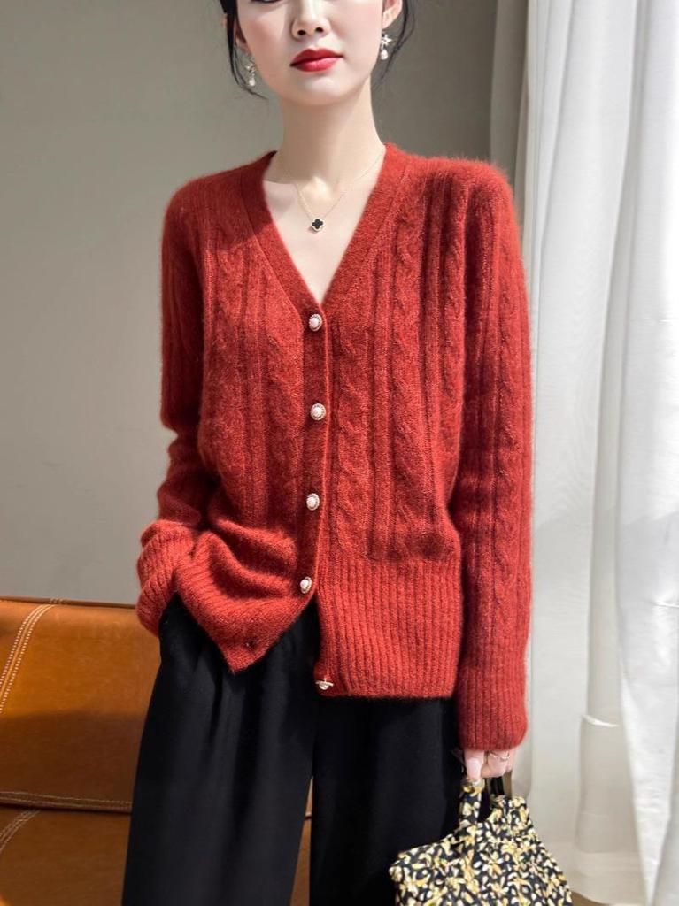 Women's V-Neck Mulberry Silk & Cashmere Knit Cardigan - Autumn/Winter Collection