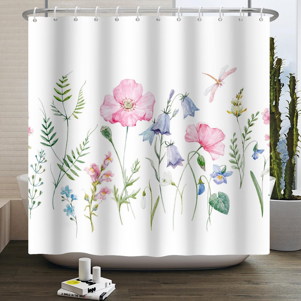 Floral Shower Curtain Flower Butterfly Waterproof Polyester Bathroom Curtain With Hooks Bathtub Screen