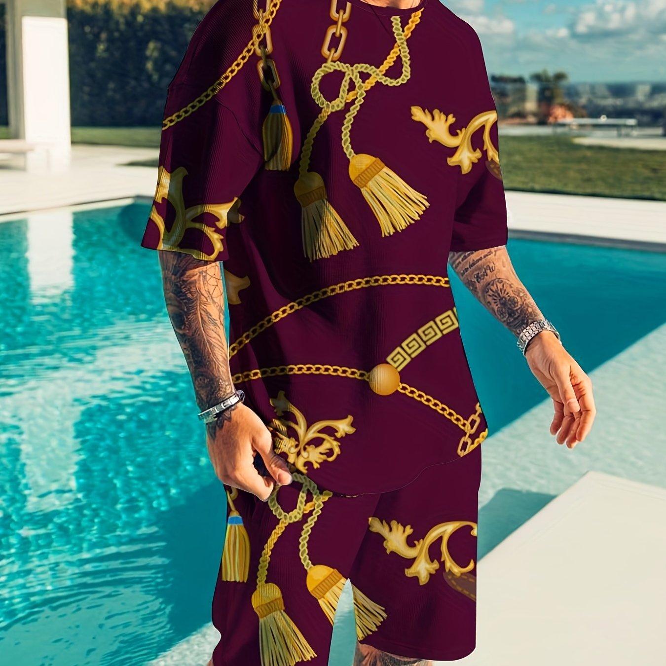 

Мужская футболка больших размеров с короткими рукавами и повседневными шортами из 2 предметов с золотой цепочкой и 3D-графикой, комплект для отдыха, отдыха, пляжного спорта, костюм для отдыха 6XL