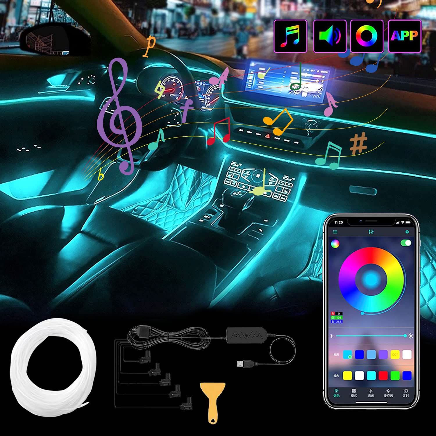 

Ambient Car LED High Ambient Infinitely Adjustable Stepless Two Control 6M Light, Strip, RGB, Brightness, USB-Powered, Light, 5V, Waterproof,