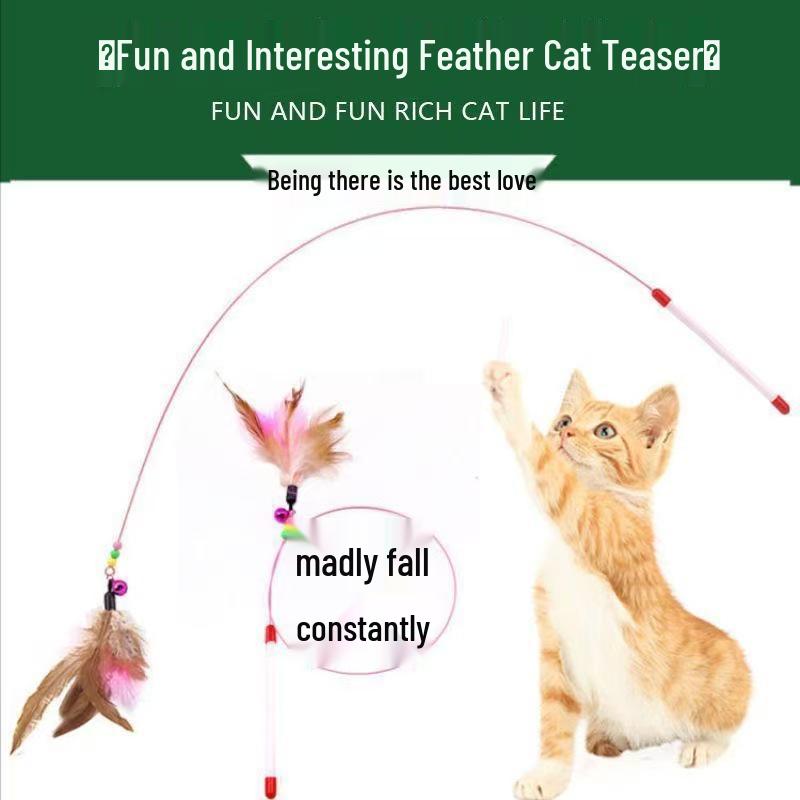 Long Rod Steel Wire Cat Teaser with Feather & Bell - Interactive Bite-Resistant Replacement Cat Toy