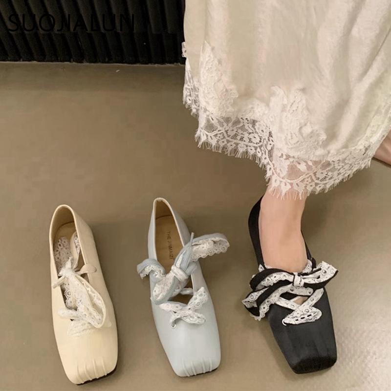 Fashion SUOJIALUN 2025 Spring New Brand Women Flat Shoes Fashion Round Toe Lace Up Ladies Elegant Ballerina Shoes Flat Ballet Shoes