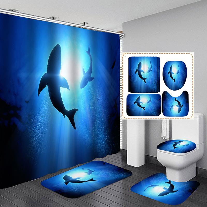 Dolphin 3D Digital Printing Shower Curtain Shower Curtain Dolphin Non-Slip Mat Four-Piece Set