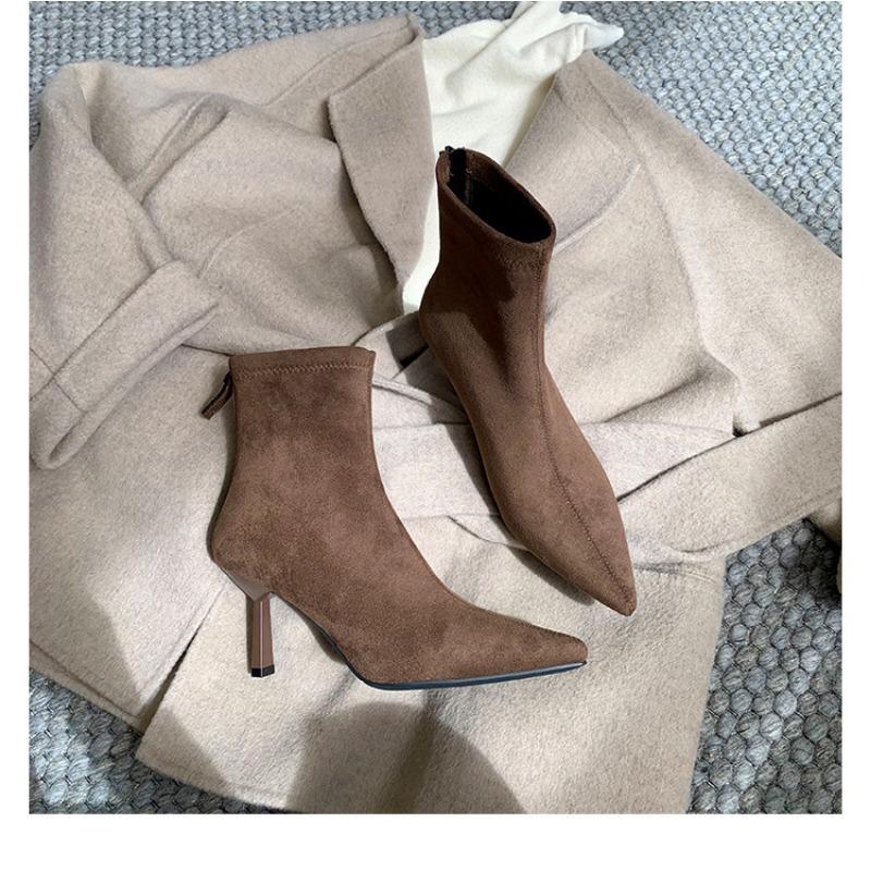 Cowhide version~ high-heeled short boots women's new spring and autumn single boots temperament pointed thin heel suede elastic thin boots